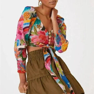 Farm Rio Anthropologie Deep-V Tie-Waist Tropical Floral Top Size XXS